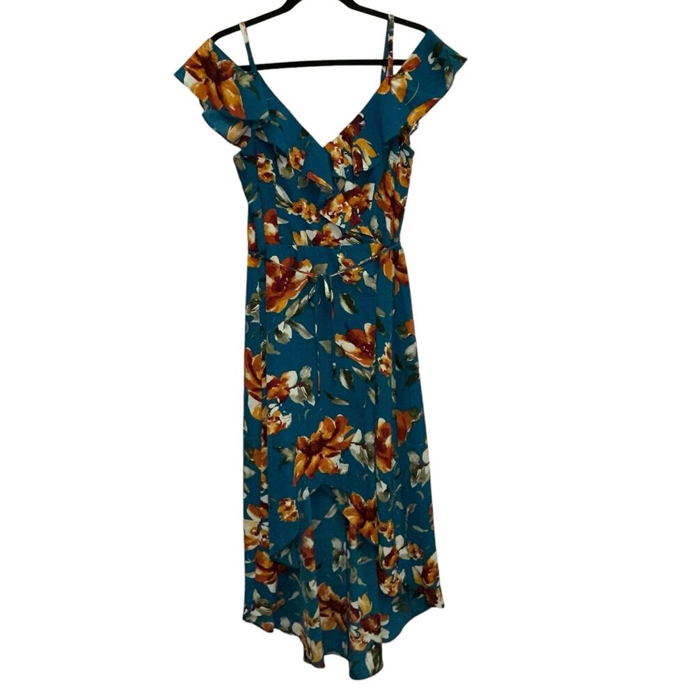 Floral Off Shoulder Wrap Dress Teal Ruffle Midi Boho Summer Large By & By
